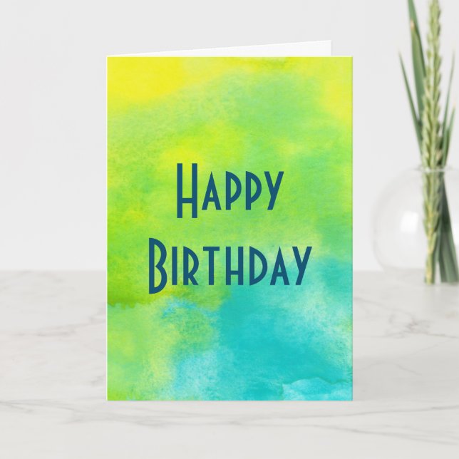 Tarjeta Feliz cumpleaños con acuarelas amarillas y azules (Anverso)