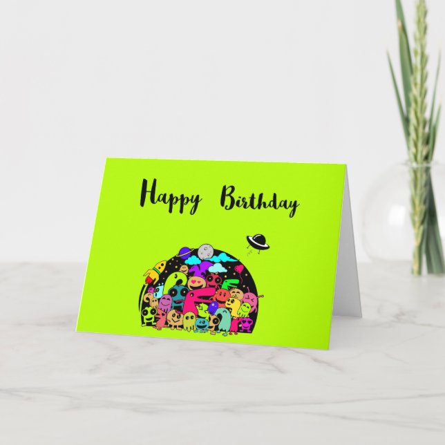 Tarjeta Feliz Cumpleaños Con Adorables Alienígenas Del Esp (Anverso)