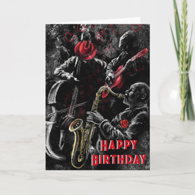Tarjeta Feliz cumpleaños con banda de música de jazz (Anverso)