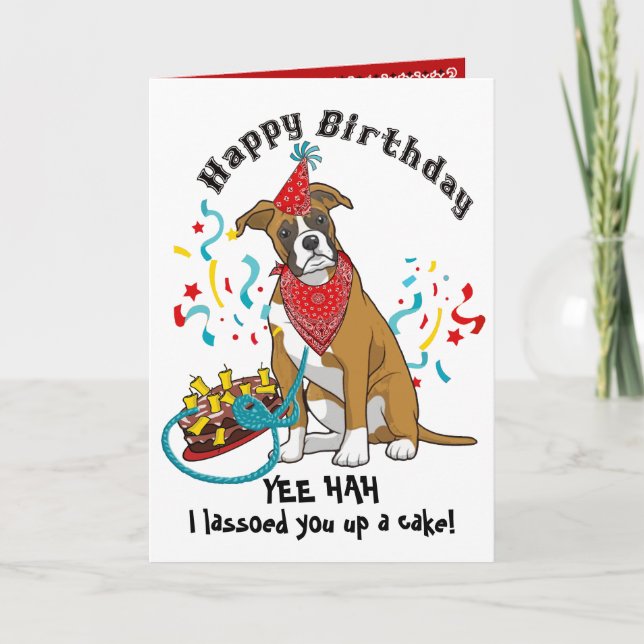 Tarjeta Feliz cumpleaños con Boxer en Bandana Roja (Anverso)