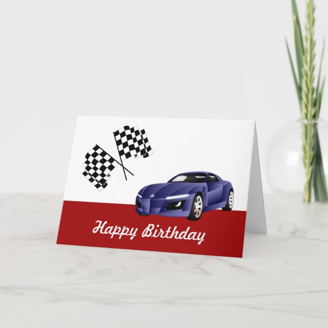 Tarjeta Feliz cumpleaños con coche de carreras (Anverso)