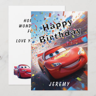 Tarjeta Feliz Cumpleaños con Coche de Carreras de Dibujos