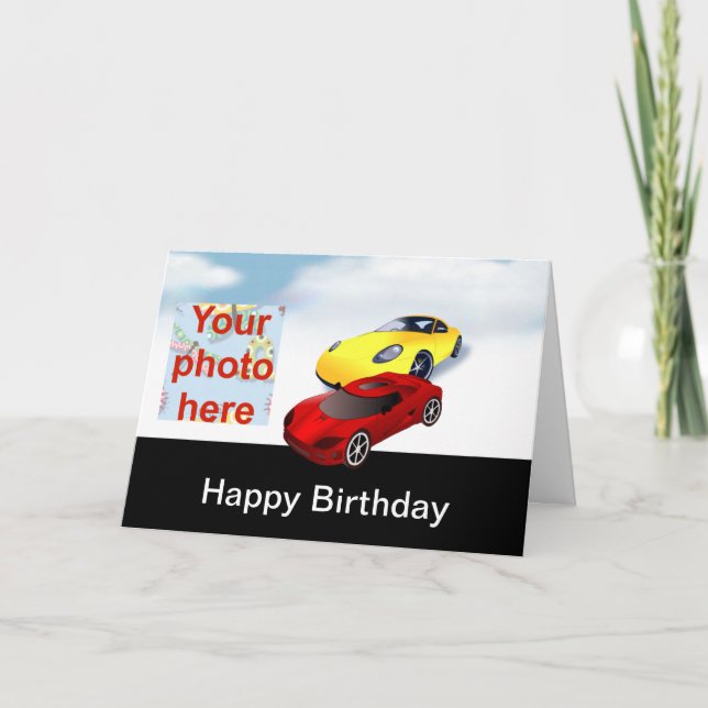 Tarjeta Feliz cumpleaños con coches de carreras amarillas  (Anverso)