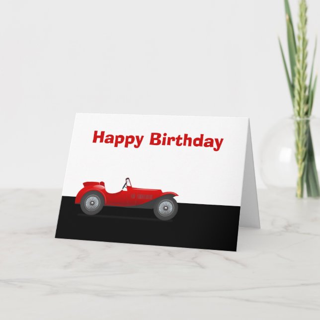 Tarjeta Feliz cumpleaños con el coche de carreras rojo clá (Anverso)