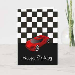 Tarjeta Feliz cumpleaños con el coche de competición rojo