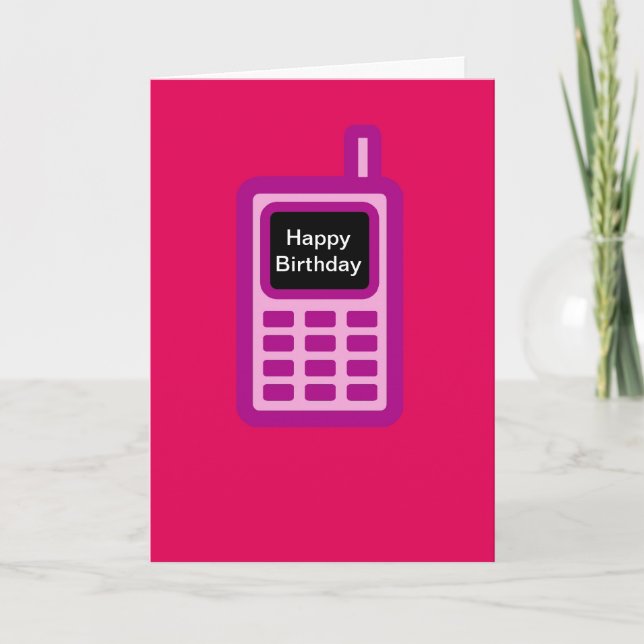 Tarjeta Feliz cumpleaños con el teléfono celular rosado (Anverso)
