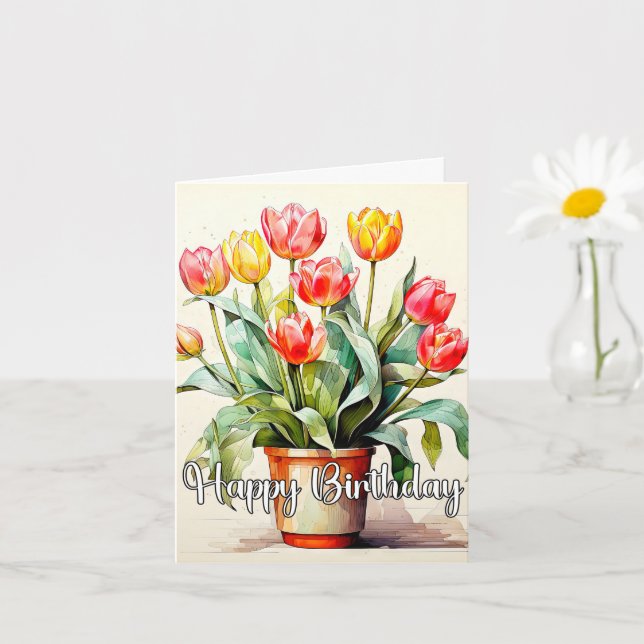 Tarjeta Feliz cumpleaños con flores de tulipán floreciente (Planta pequeña)