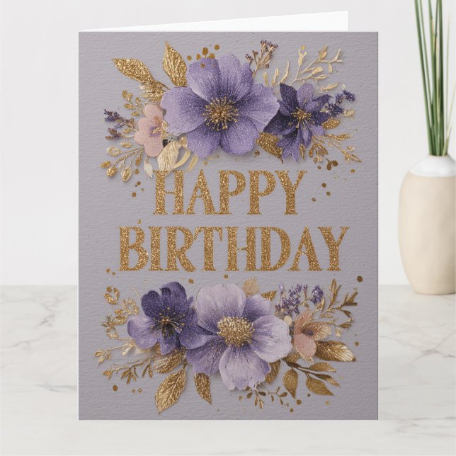 Tarjeta Feliz Cumpleaños con flores moradas y brillo (Anverso)