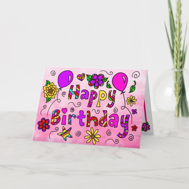 Tarjeta Feliz cumpleaños con flores y globos sensacionales (Anverso)