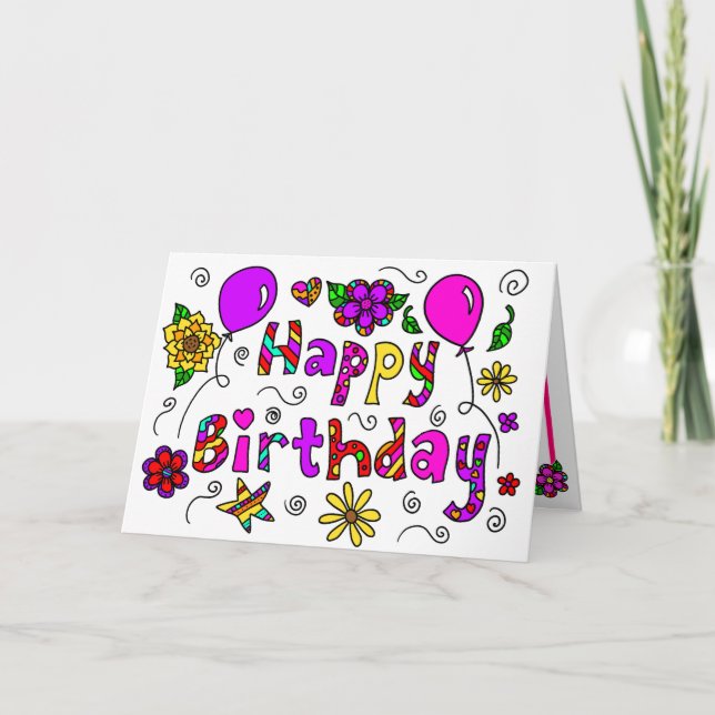 Tarjeta Feliz cumpleaños con flores y globos sensacionales (Anverso)