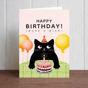 Tarjeta Feliz cumpleaños con gato negro, pastel y vela