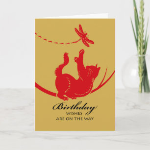 Tarjeta Feliz cumpleaños con gato y libélula