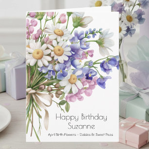 Tarjeta Feliz cumpleaños con margaritas, flor de nacimient
