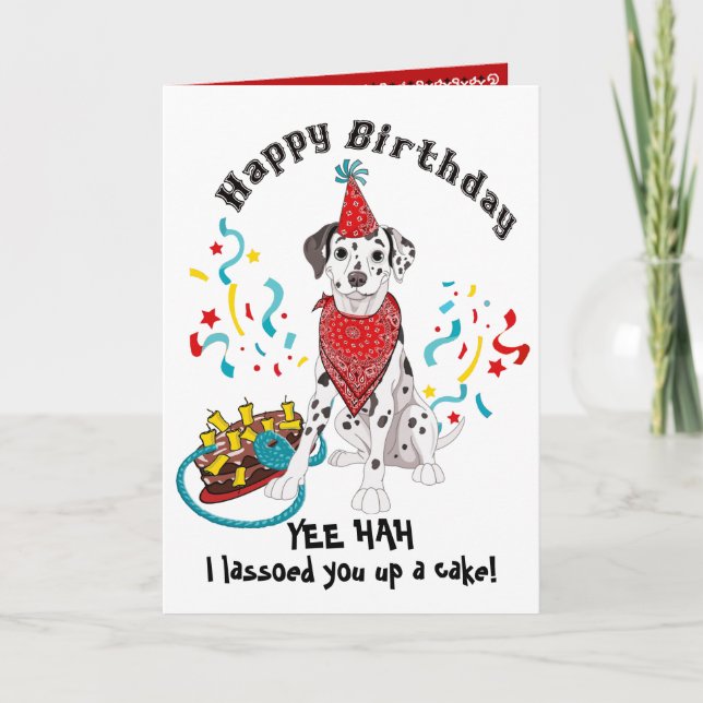 Tarjeta Feliz cumpleaños con perro dálmata en Bandana roja (Anverso)