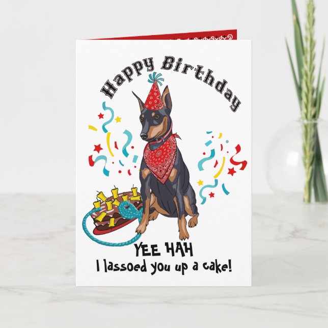 Tarjeta Feliz cumpleaños con perro doberman en Bandana roj (Anverso)