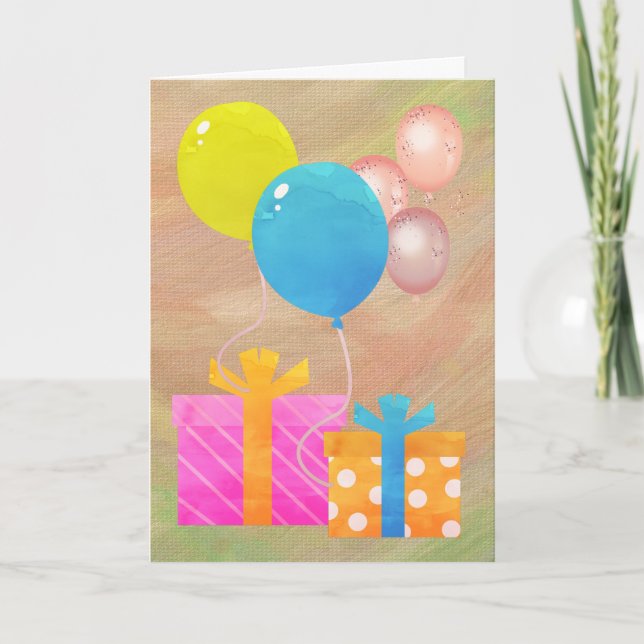 Tarjeta Feliz cumpleaños con regalos y globos (Anverso)