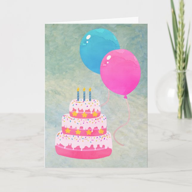 Tarjeta Feliz cumpleaños con torta, regalos, globos y canc (Anverso)