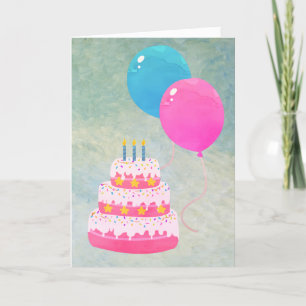 Tarjeta Feliz cumpleaños con torta, regalos, globos y canc