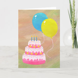 Tarjeta Feliz cumpleaños con torta, regalos, globos y canc