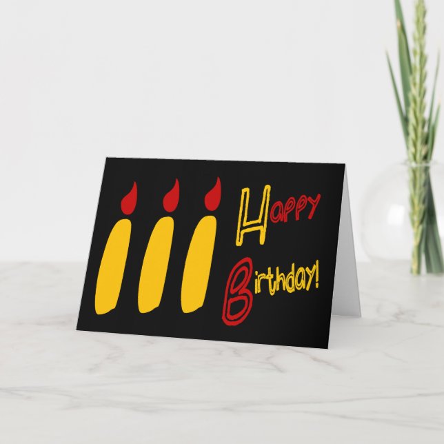 Tarjeta Feliz cumpleaños con tres velas encendidas, RBY (Anverso)