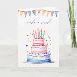 Tarjeta Feliz Cumpleaños con una torta de 3 pisos y bander
