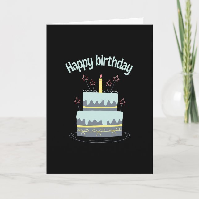 Tarjeta Feliz cumpleaños con una torta grande (Anverso)