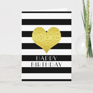 Tarjeta Feliz Cumpleaños Corazón Dorado Rayas Negras y Bla