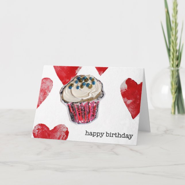 Tarjeta feliz cumpleaños, corazones de la magdalena (Anverso)