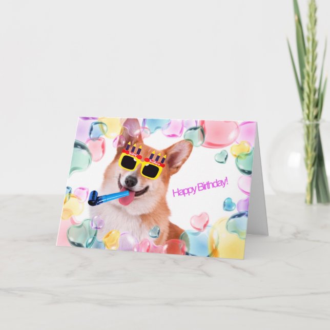 Tarjeta Feliz cumpleaños Corgi con gafas (Anverso)