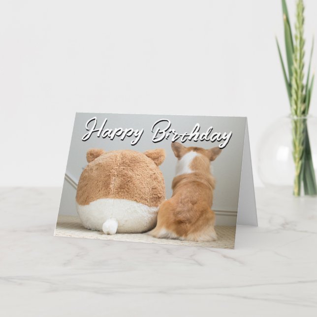Tarjeta Feliz Cumpleaños | Corgi y Cachorro de Peluche (Anverso)