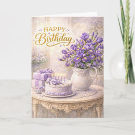 Tarjeta Feliz Cumpleaños Cottage Still Life Iris Púrpura