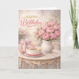 Tarjeta Feliz Cumpleaños Cottage Still Life Peonía Rosa