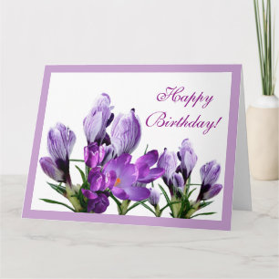 Tarjeta Feliz cumpleaños crocus púrpura flores boho floral