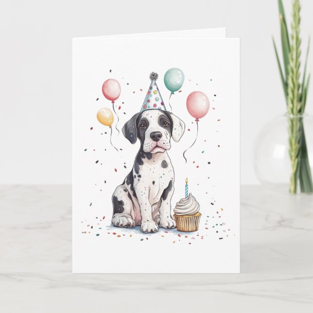 Tarjeta Feliz Cumpleaños Cupcake de Cachorro Gran Danés (Anverso)