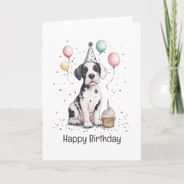 Tarjeta Feliz Cumpleaños Cupcake de Cachorro Gran Danés (Anverso)