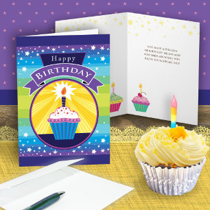 Tarjeta Feliz Cumpleaños Cupcake Stars Purple Blue