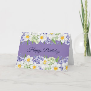 Tarjeta Feliz cumpleaños, Daffodil e Hydrangea Flowers