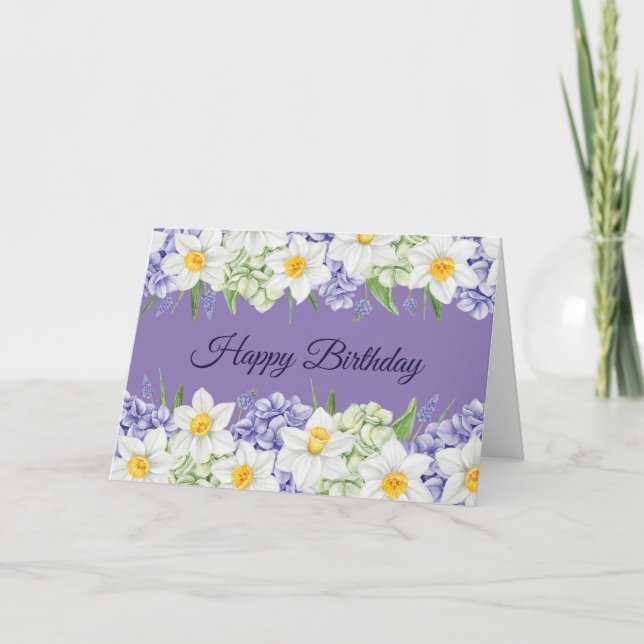 Tarjeta Feliz cumpleaños, Daffodil e Hydrangea Flowers (Anverso)