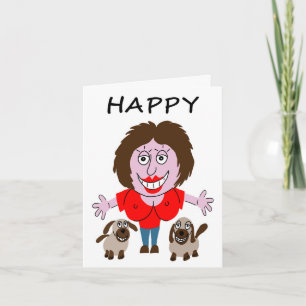 Tarjeta Feliz cumpleaños, dama con dos cachorros
