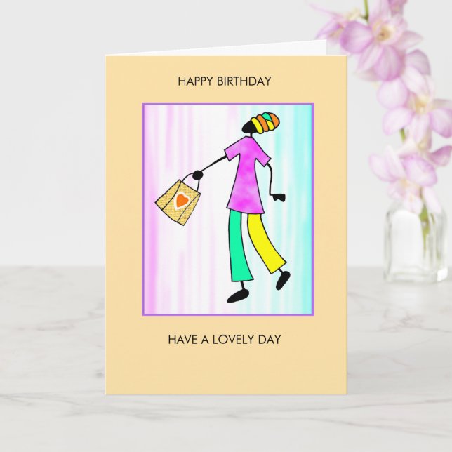 Tarjeta Feliz cumpleaños, dama de moda africana (Orquídea)