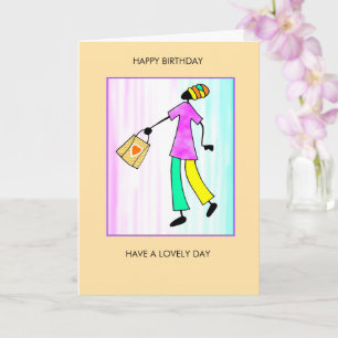 Tarjeta Feliz cumpleaños, dama de moda africana