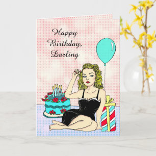 Tarjeta Feliz Cumpleaños Darling, Retro Lady Pinup
