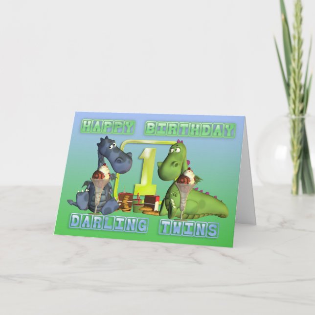 Tarjeta Feliz cumpleaños, Darling Twins, dos lindos dragon (Anverso)