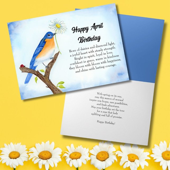 Tarjeta Feliz cumpleaños de abril con pájaro azul (Subido por el creador)