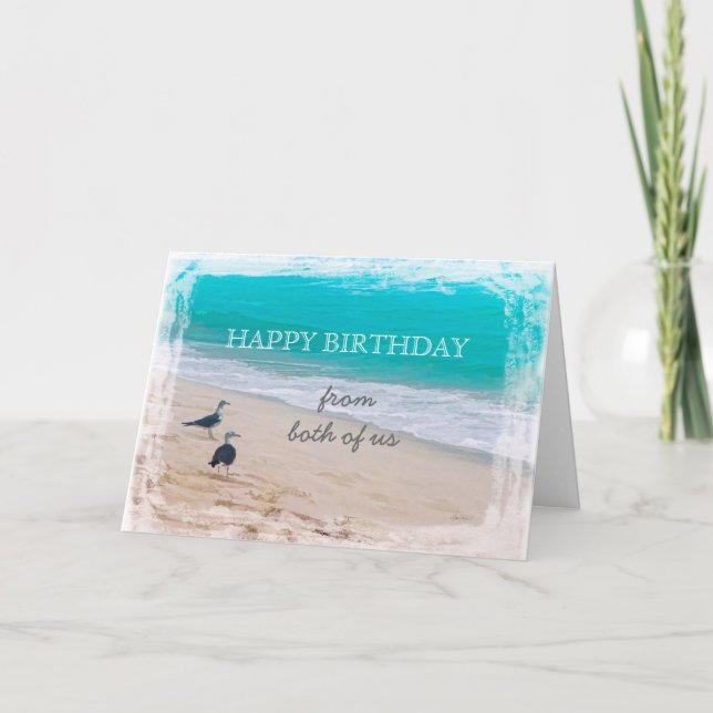 Tarjeta Feliz cumpleaños de ambos con arte en la playa (Anverso)