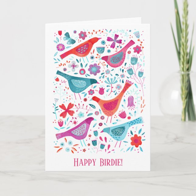 Tarjeta Feliz cumpleaños de Birdie Watercolor Bird & Flowe (Anverso)