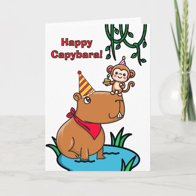 Tarjeta Feliz cumpleaños de Capibara con Fiesta de monos (Anverso)