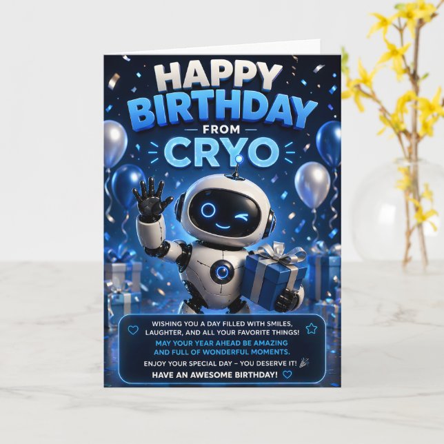 Tarjeta Feliz cumpleaños de Cryo, lindo robot de espacio s (flor amarilla)