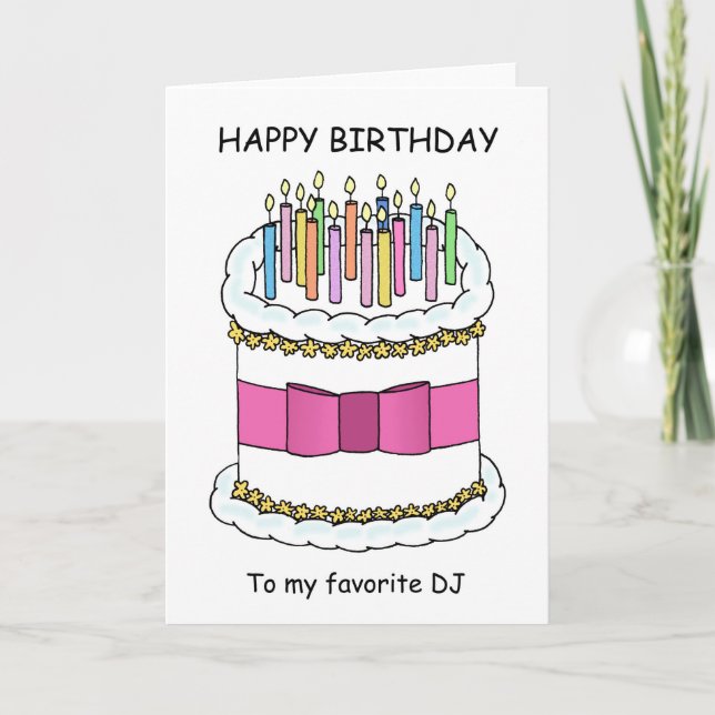 Tarjeta Feliz cumpleaños de DJ, torta del dibujo animado (Anverso)
