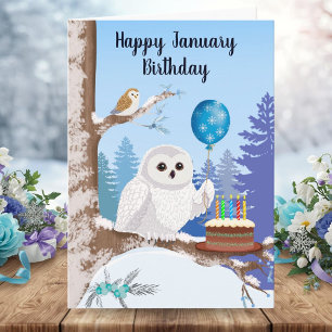 Tarjeta Feliz cumpleaños de enero Búho de nieve con pastel